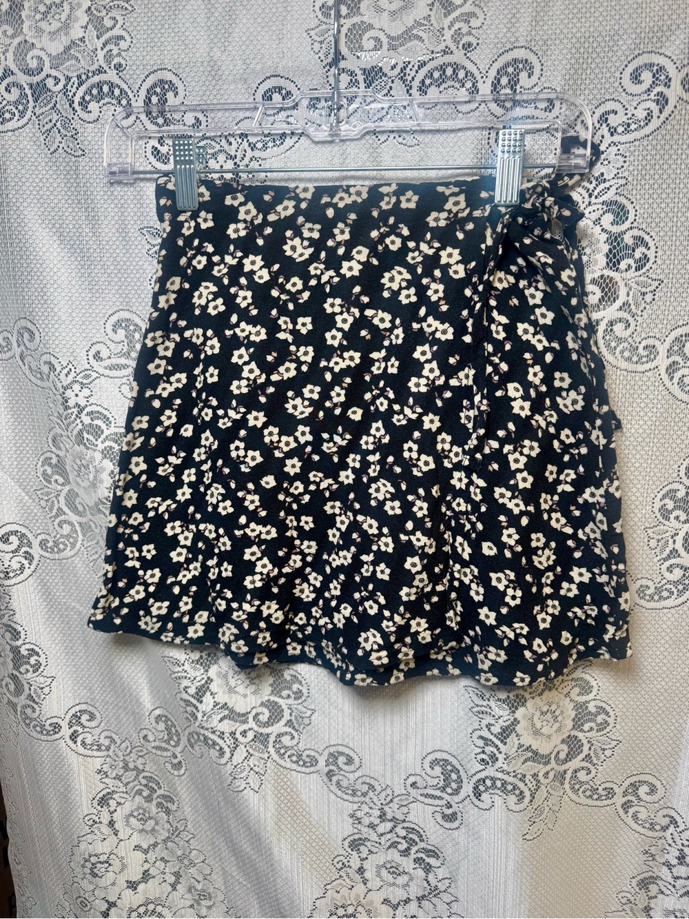 Aeropostale Black Mini Wrap Skirt with Ivory Floral Print
